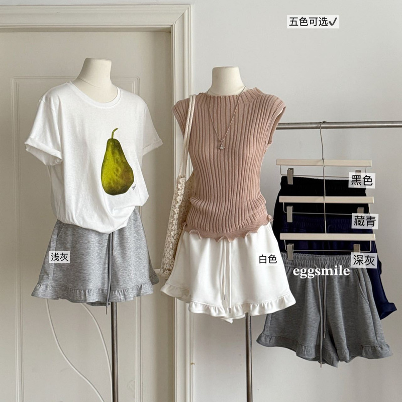eggsmile Five-color ruffle A-line slimming pants, versatile and sweet, Korean style casual, slimming and leg-lengthening five-point pants eggsmile Five-color ruffle A-line slimming pants, versatile and sweet, Korean style casual, slimming and leg-lengthening five-point pants