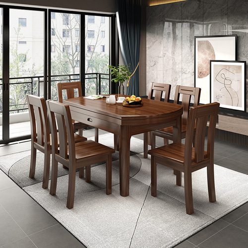 Walnut solid wood dining table and chair combination modern simple Chinese style small apartment table retractable folding round dining table