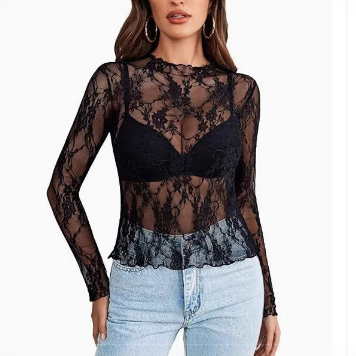 European and American 2025 Women's New Fashion Sexy Pullover Lace Long-Sleeved Transparent Shirt See-Through Mesh Lace Top