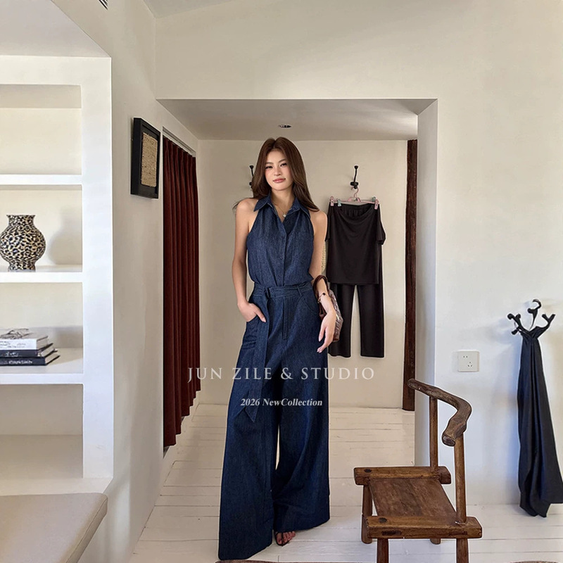 Women's Summer Stylish Sleeveless Lapel Vest Top with Belt and Blue Denim Wide-Leg Pants Set Women's Summer Stylish Sleeveless Lapel Vest Top with Belt and Blue Denim Wide-Leg Pants Set