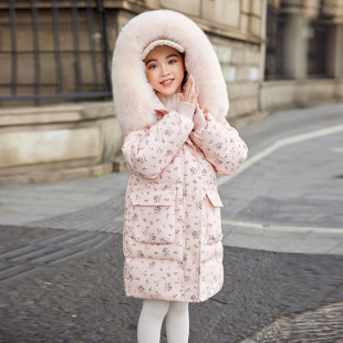 Children's Down Jacket Girls' Mid-Long Winter New White Duck Down Jacket for Girls Middle-Big Children's Floral Warm Western Style Coat