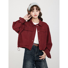 2025秋季新款韩版水洗棉工装牛仔短外套女宽松显瘦单排扣抽绳夹克