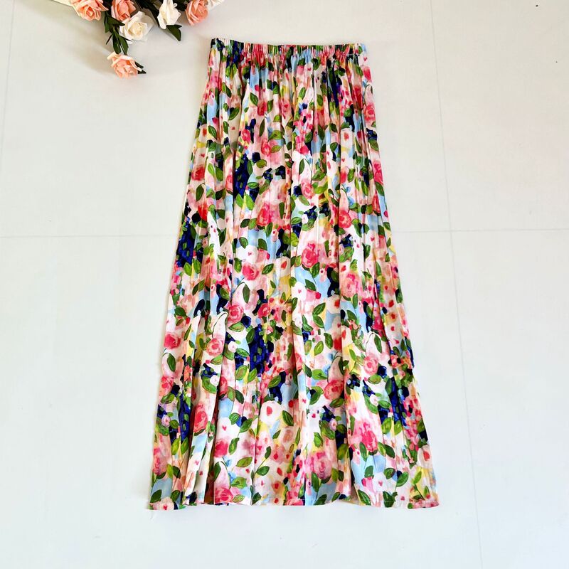 Cotton Silk Skirt Women's Summer New Slimming Hip Covering High Waist Dosing Large Swing Skirt Artificial Cotton Floral Long Skirt Thin
