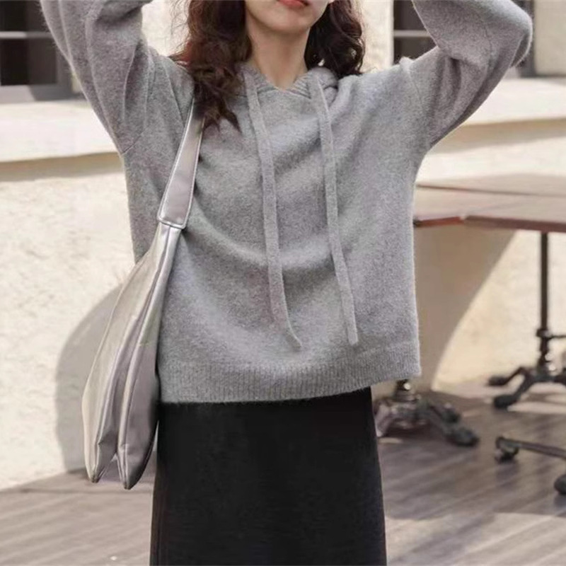 跨境连帽套头毛衣女2025春秋新款韩版宽松慵懒风针织衫长袖女上衣|undefined