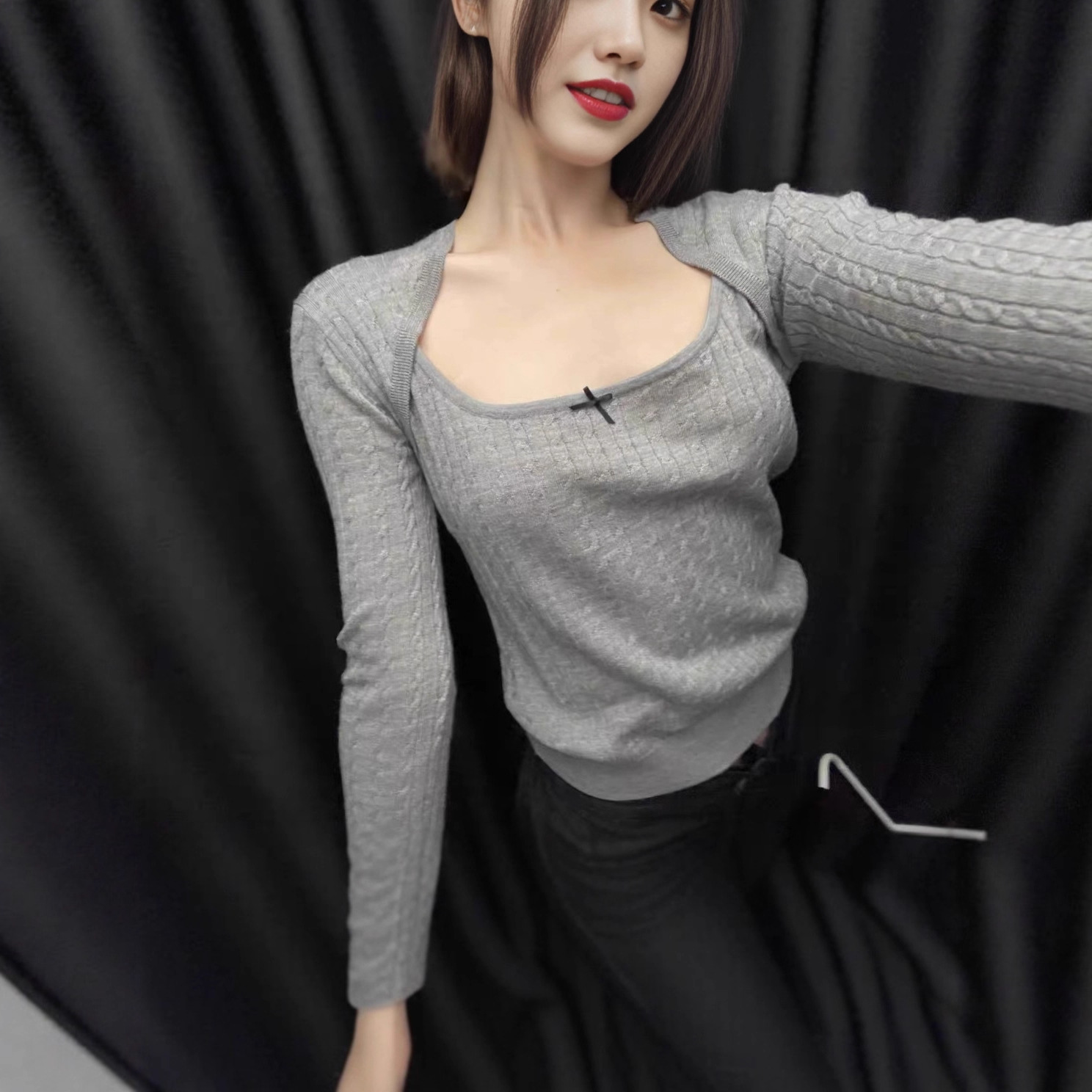 New Slimming Look Bow Decorated Fake Two-Piece Sleeves Twist Wool Blend Knitwear Women's Pullover Knitwear 5119