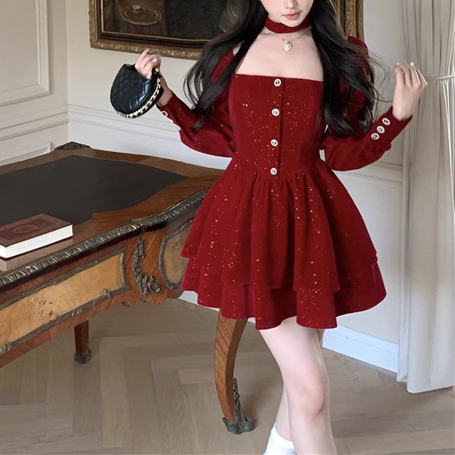 Autumn and Winter New Cross-Border Christmas Dress Women's Retro Red Waist-Cinching Slimming Design A-Line Skirt Ins