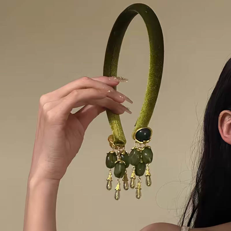 Fashion Retro Olive Emerald Tassel Headband Women's New Chinese Style Hair Accessories Headband Fake Earrings Antique Style Headwear Wholesale