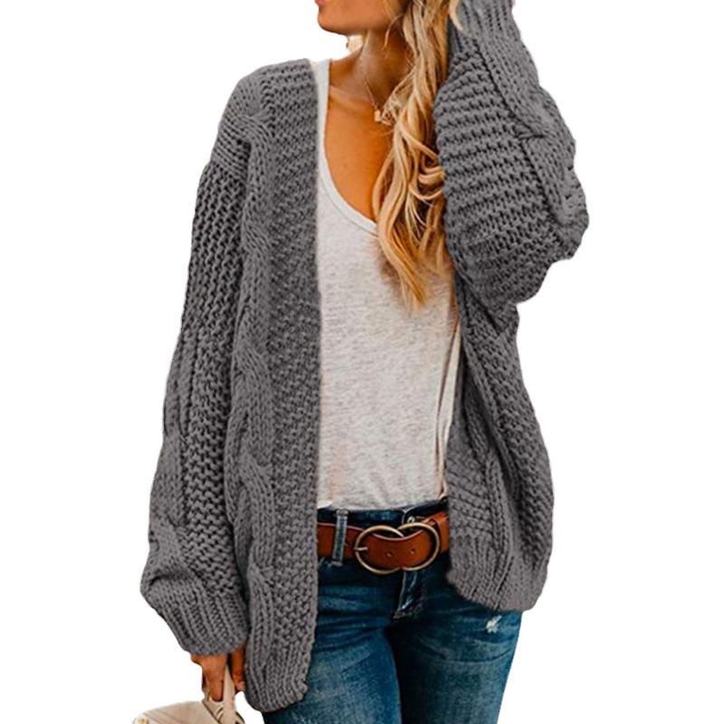 Directo de fábrica transfronteriza Europea y Americana Comercio Exterior Nueva aguja gruesa giro perezoso punto cardigan color sólido abrigo suelto para las mujeres image 7