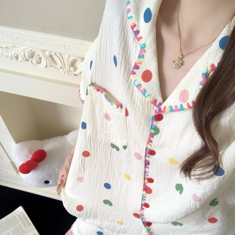 Colorful Polka Dot Shell-Edged Girls' Pajamas, Summer Short-Sleeved Shorts, Cardigan Two-Piece Set, Soft and Cute Princess-Style Home Clothes Colorful Polka Dot Shell-Edged Girls' Pajamas, Summer Short-Sleeved Shorts, Cardigan Two-Piece Set, Soft and Cute Princess-Style Home Clothes