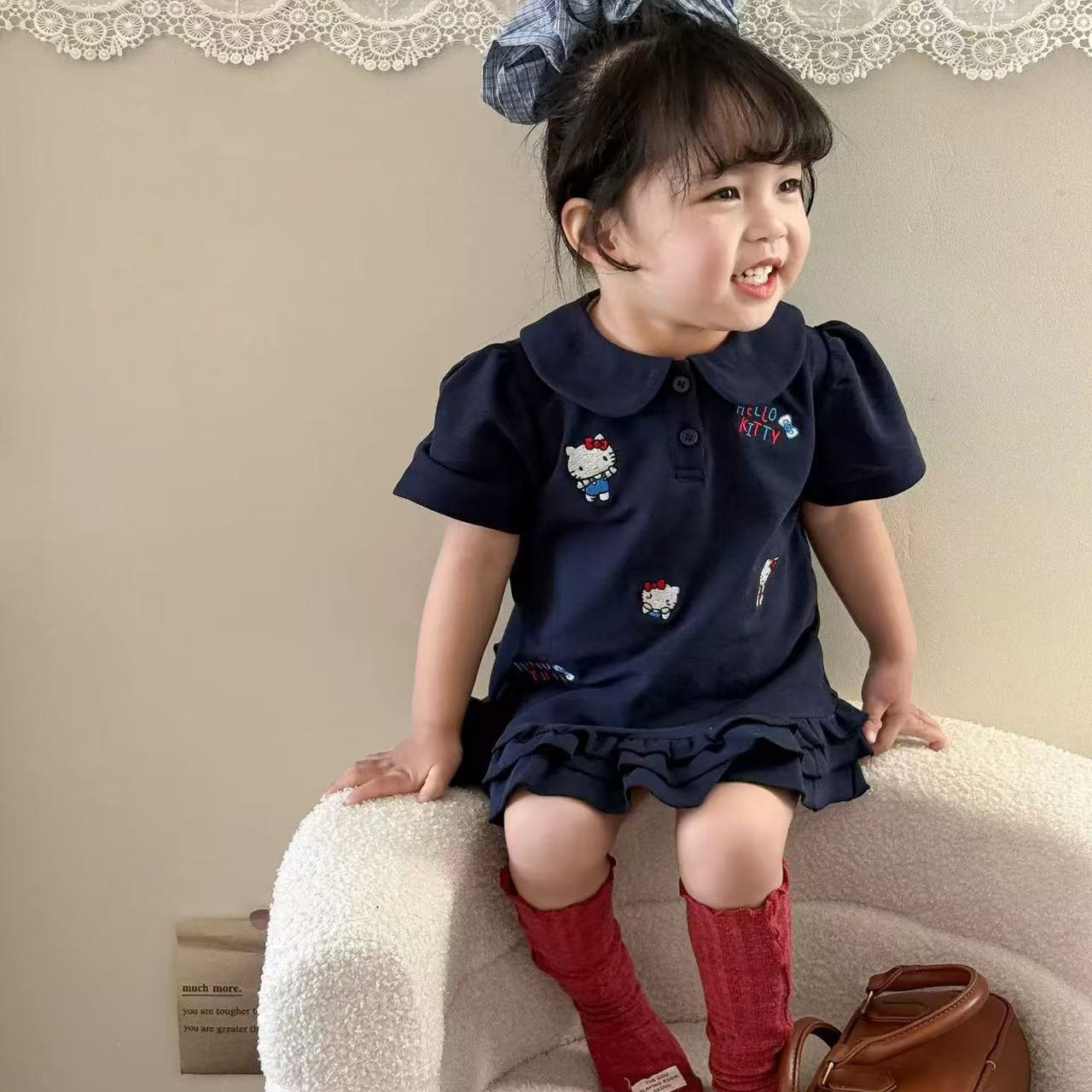 Xianning siete niñas cómodo vestido POLO verano nuevo bordado de gato vestido de princesa de estilo occidental de bebé femenino coreano