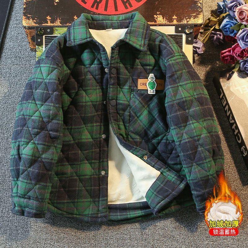 Boys' Fleece Shirt Jacket 2025 New Autumn and Winter Thickeneded Flannel Top Boys' Kidsren's Plaid Kidsren's Clothing