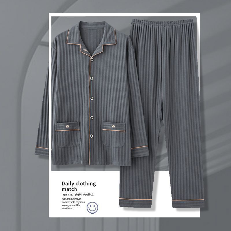 Pijama de algodón masculino primavera y otoño cardigan de manga larga suelta más grande se puede usar fuera del conjunto de ropa de casa