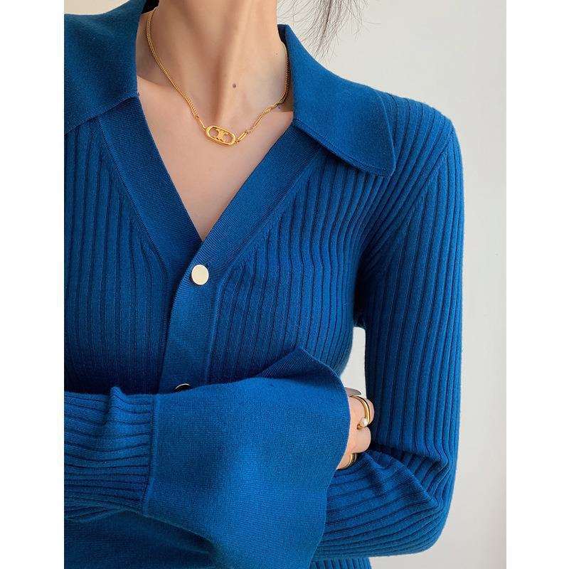 Dalong Knitted Sweater Blue V Neck Cardigan for Women 2025 Autum New Design Slimming Look Top Versatile