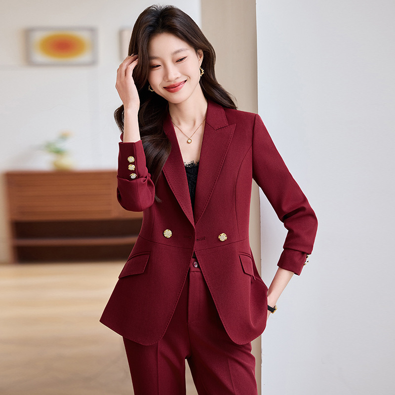 Burgundy Business Suit Suit for Women in Autumn and Winter New Style Small Broadcast Host Art Test Bootcut Pants Suit