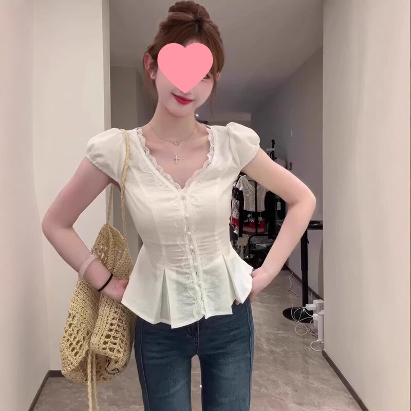 French Lace V-Neck Short-Sleeved White Shirt for Women, Summer Korean Chic Shirt, Slim Fit Top French Lace V-Neck Short-Sleeved White Shirt for Women, Summer Korean Chic Shirt, Slim Fit Top