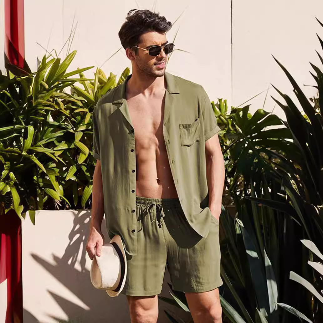 Men's Linen Short-sleeved Shirt Suit Linen Summer Loose Casual Cotton and Linen Cardigan Shirt Shorts