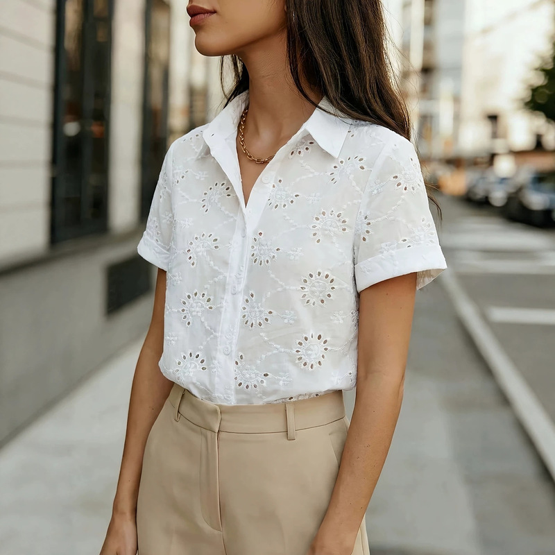 European and American Cross-Border Amazon Women's Clothing 2026 Elegant Commuter Solid Color Short-Sleeved Semi-Transparent Mesh Shirt Spring and Summer Tops