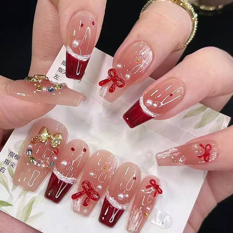 Christmas Wreath~Christmas Wreath with Pearls, Snow Scene, Bow, Red French Style, Gentle Ins-Style, High-End Elegant Nail Art