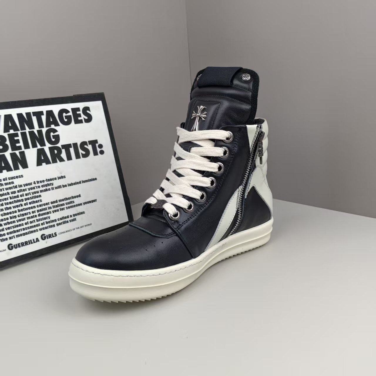 New Style Black and White Panda Color Genuine Leather Men's Shoes High-Top Inverted Triangle Casual Versatile Niche Trendy Fashion Couple Style