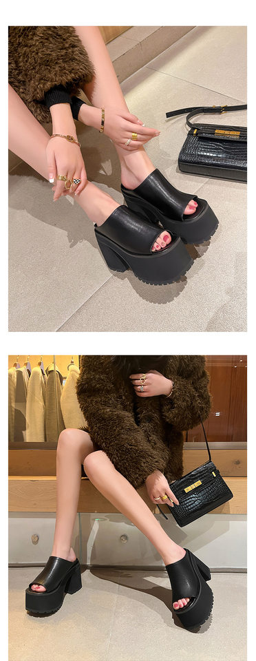 Dép sandal cao gót nữ hở mũi đế dày quai ngang gót vuông 9 cm — Màu đen, Màu trắng chi tiết 6