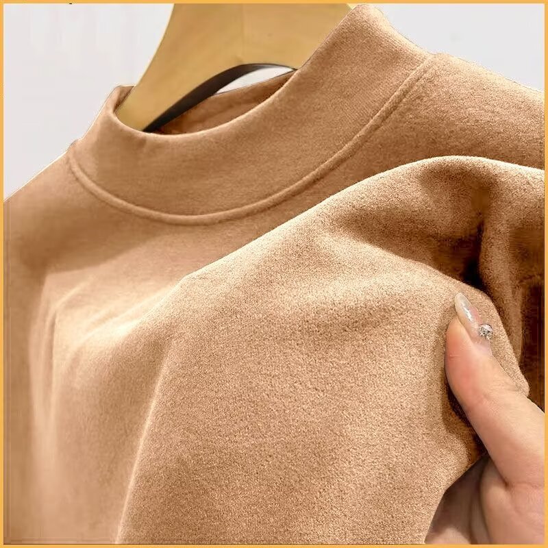 솔리드 컬러 저먼 벨벳 하프 터틀넥 긴소매 카키