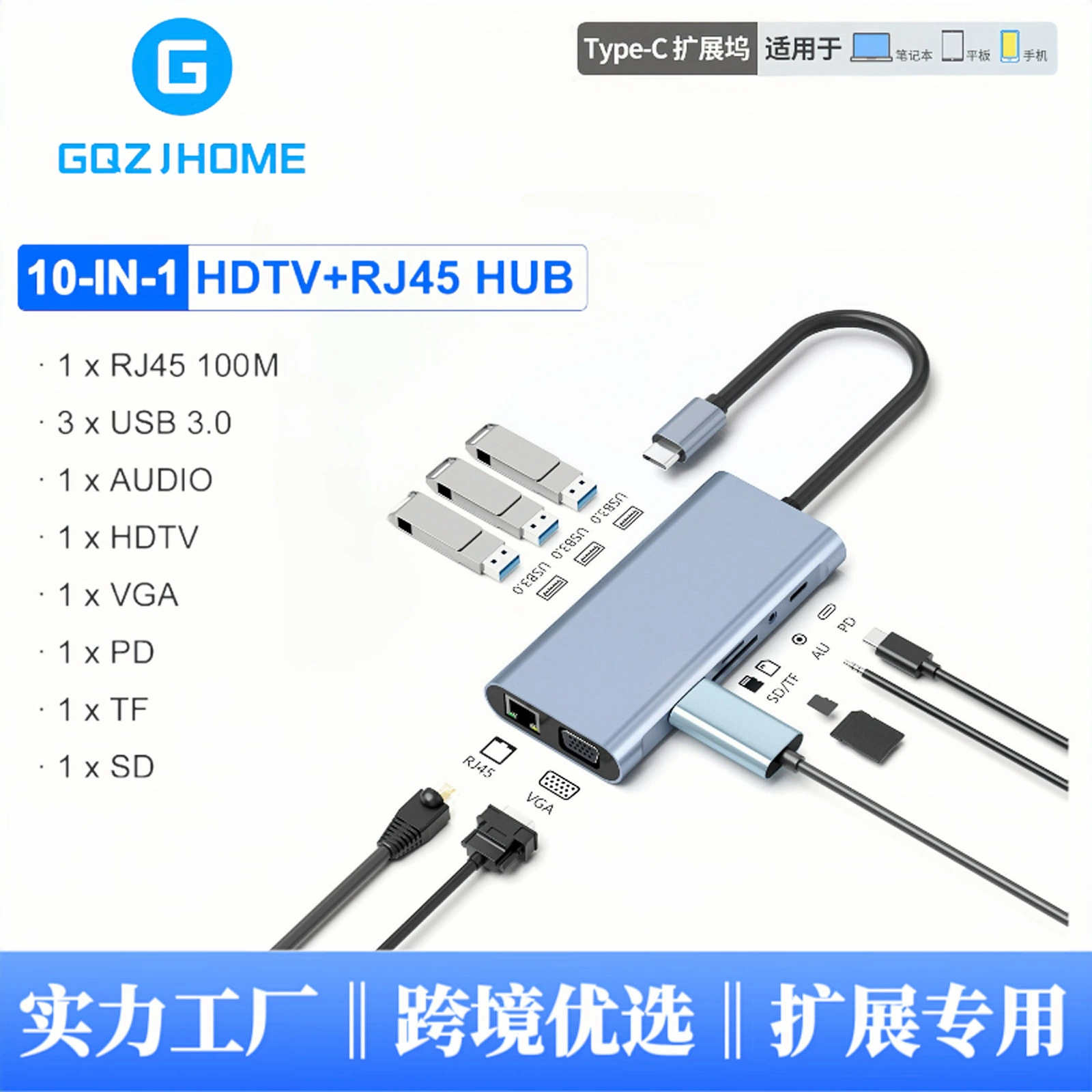 Док-станция типа c, док-станция USBC «десять в одном», преобразователь сетевого кабеля HDTV, концентратор, разветвитель, кард-ридер