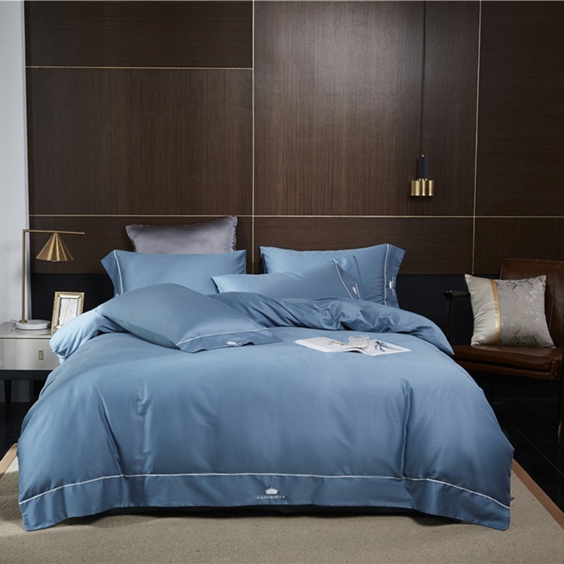 60支长绒棉纯色刺绣家纺四件套 南通苏纺简约宽边纯棉套件