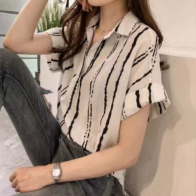 Summer New Korean Style Large Size Stripesd Shirt for Women Polo Collar Short-Sleeved Top Style Slim Casual Bottoming Shirt for Women