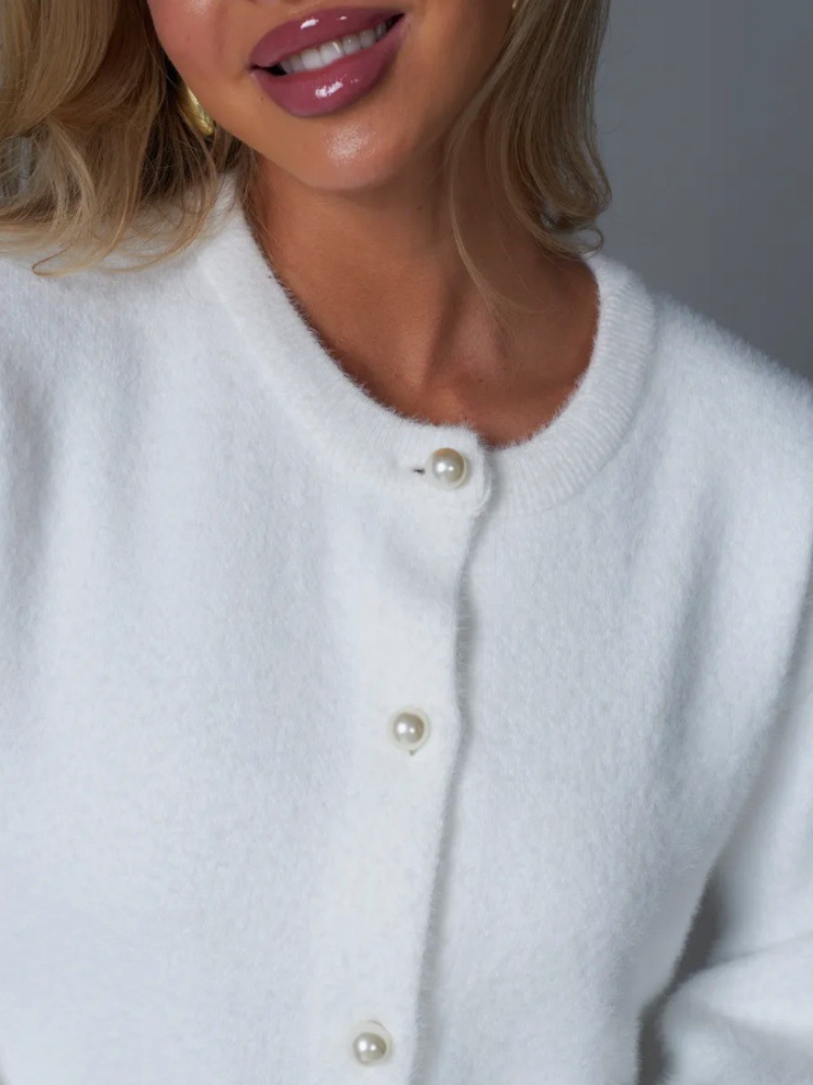 Cardigan aus Kunstnerzstrick – Weicher, übergroßer Strickmantel mit Knopfleiste (Einheitsgröße, Rundhalsausschnitt, lange Ärmel, dick und kuschelig, Weiß, perfekt zum Layern)_voghion.com