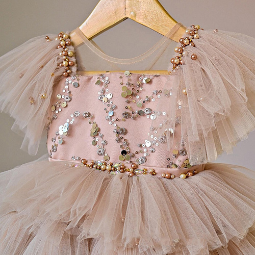 Kids' Dress 2024: New Arrival Girls' Beige Sequin Tiered Suspender Gown with Puffy Tulle Skirt and Bow