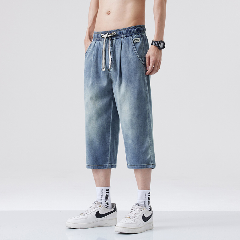 テンセルデニムクロップドパンツメンズ夏薄いトレンディブランドルーズストレートアイスシルクカジュアルクロップドパンツ2025新スタイル|undefined