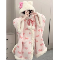 直播爆款凯蒂猫连帽珊瑚绒睡袍女秋冬季毛绒加厚斗篷睡衣家居服