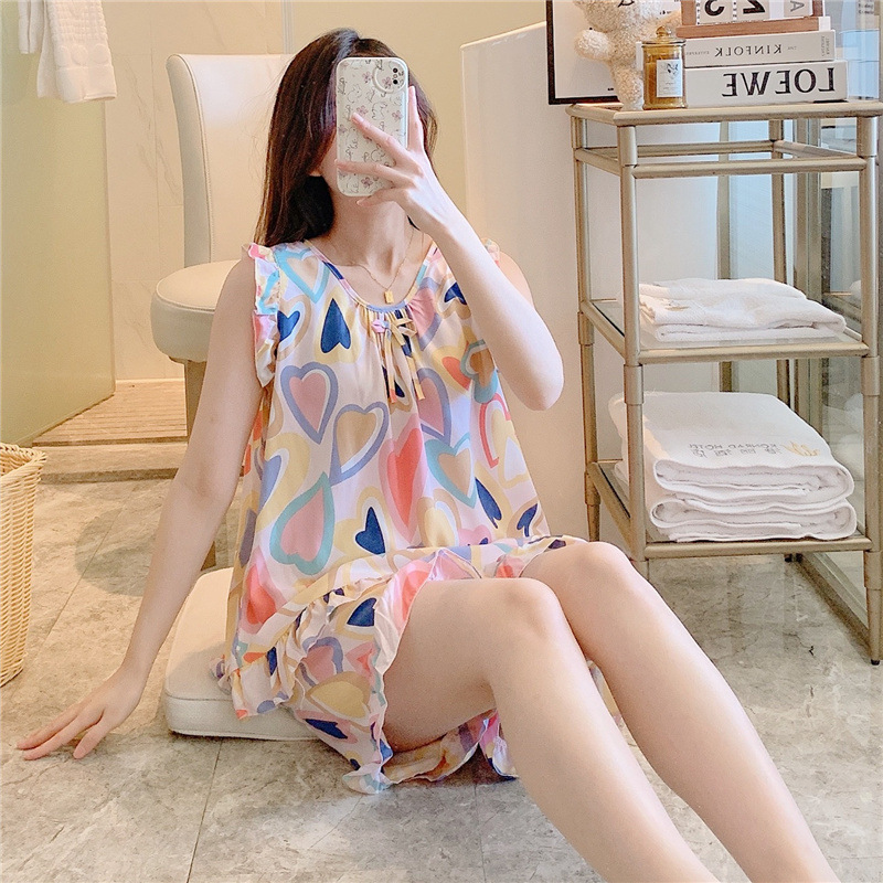人造棉睡衣女春夏季棉绸印花家居服甜美可爱可外穿格纹无袖套装|undefined