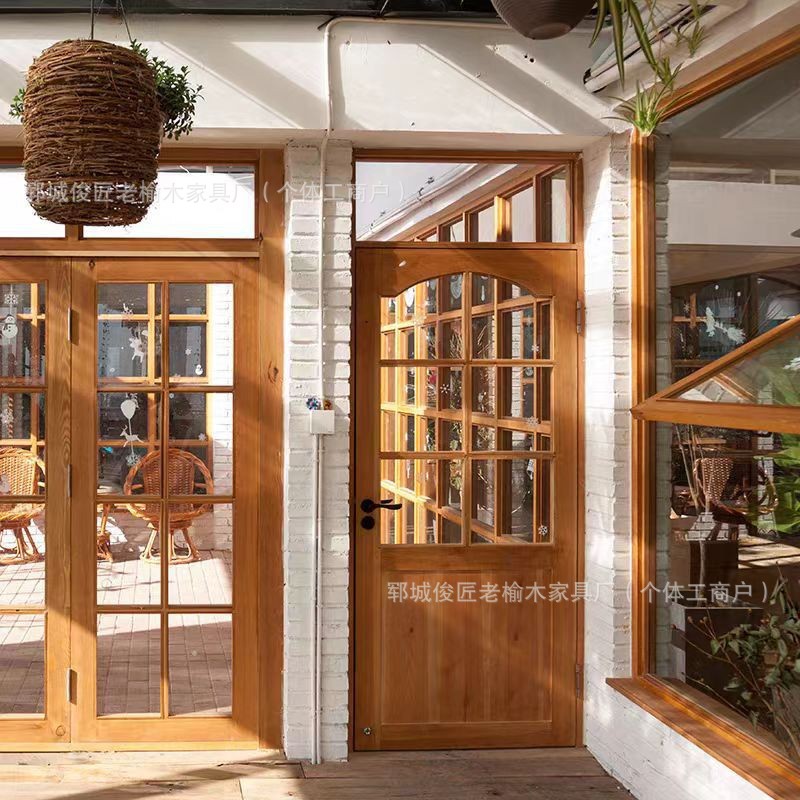 榆木推拉门窗架实木民宿复古装修门窗框架面包咖啡店木制折叠门窗