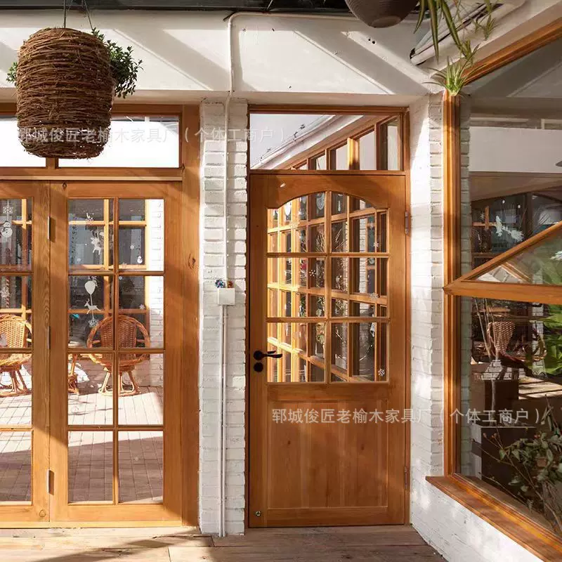 榆木推拉门窗架实木民宿复古装修门窗框架面包咖啡店木制折叠门窗