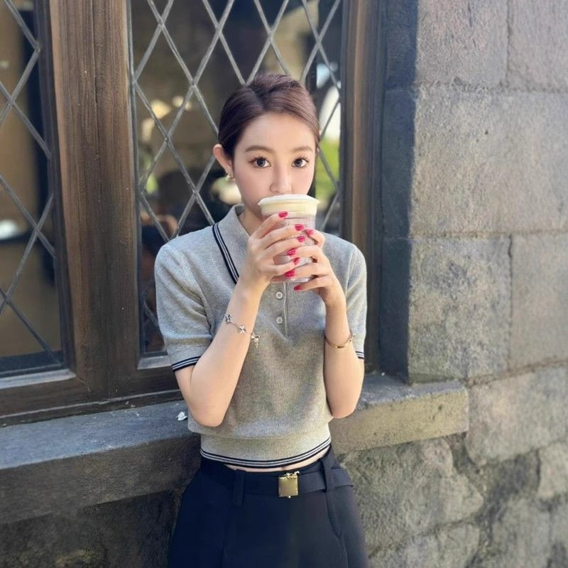 Korean Style Gray Polo Collar Versatile Short-Sleeved T-Shirt Women's Summer Popular Design Contrasting Color Lapel Knitted Top