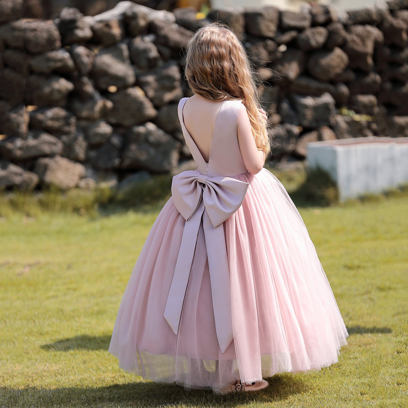 thumbnail image 1 of Vestido de noche para niña con lazo grande sin espalda, vestido de gasa esponjosa para niña, vestido de princesa, vestido de niña de las flores para boda, 1 of 6