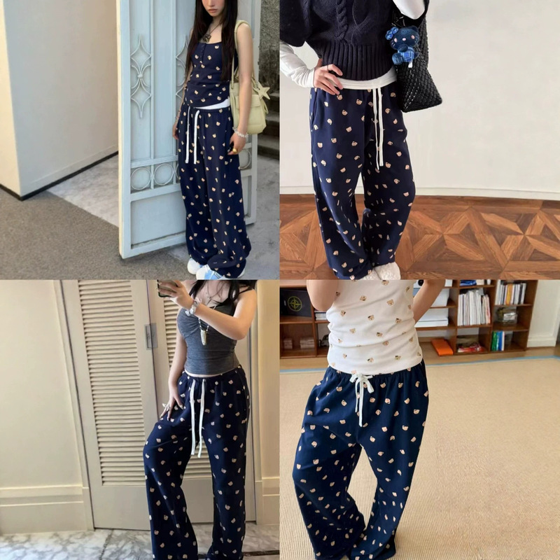 @Full-print bear cartoon pattern~26 Korean autumn elastic waist casual long pants for women, gentle and sweet ins style