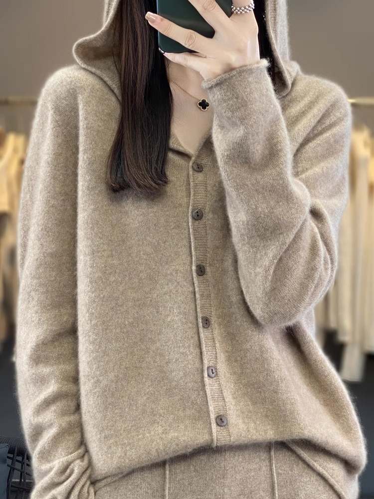 奥特莱斯清仓专柜品牌秋冬羊毛连帽卫衣外套女羊绒针织开衫毛衣