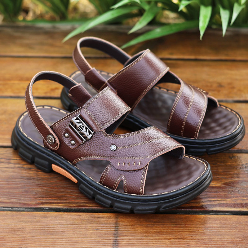 Dép sandal nam da bò đế dày chống trượt kiểu mới mùa hè, dép lê hở ngón mũi tròn — Màu nâu, màu đen