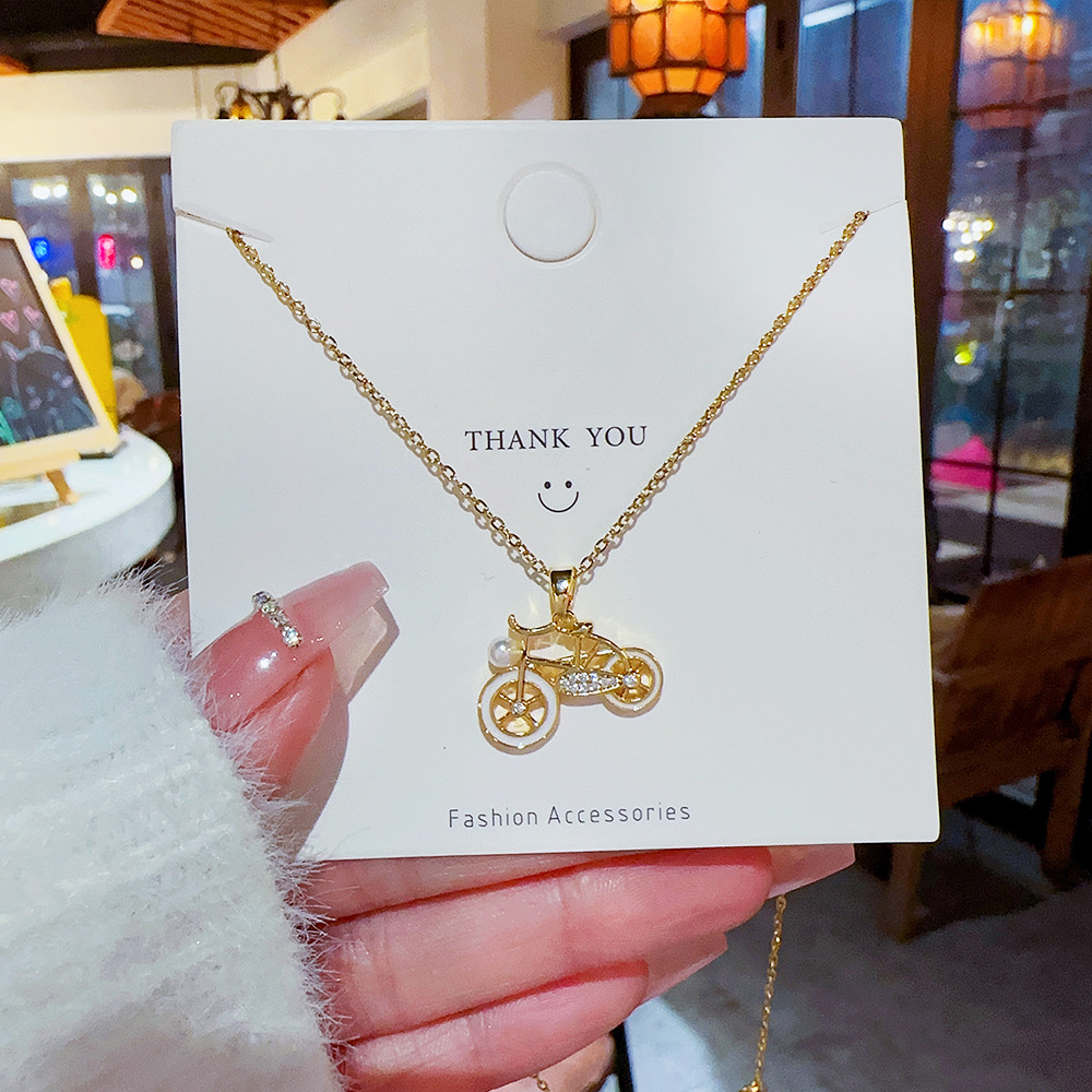 Cute Novelty Bicycle Titanium Steel Plating Inlay Artificial Pearls Zircon Gold Plated Pendant Necklace display picture 3