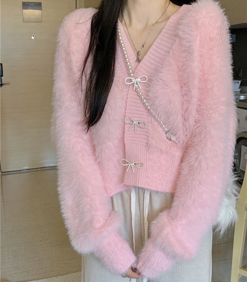 Pure Color Faux Mink Wool Cardigan - Rice White