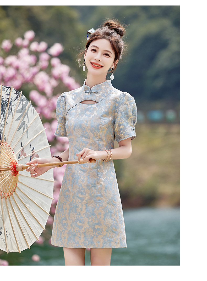 Váy maxi nữ phong cách Trung Quốc mới, cổ đứng cúc bọc, dáng dài vừa phải, thanh lịch thời trang — Màu xanh lam, Màu hồng chi tiết 24