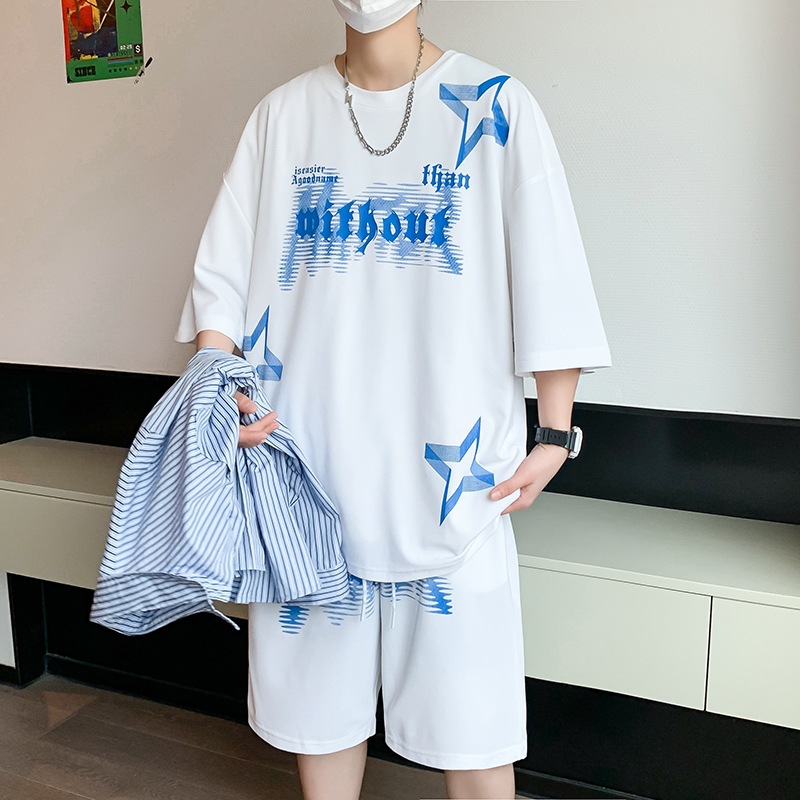 2026夏季新品爆款休闲学院风男式短袖T恤大童套装宽松舒适T恤衫男