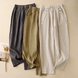 实拍2026年春夏新款文艺宽松休闲松紧腰显瘦纯色哈伦裤女
