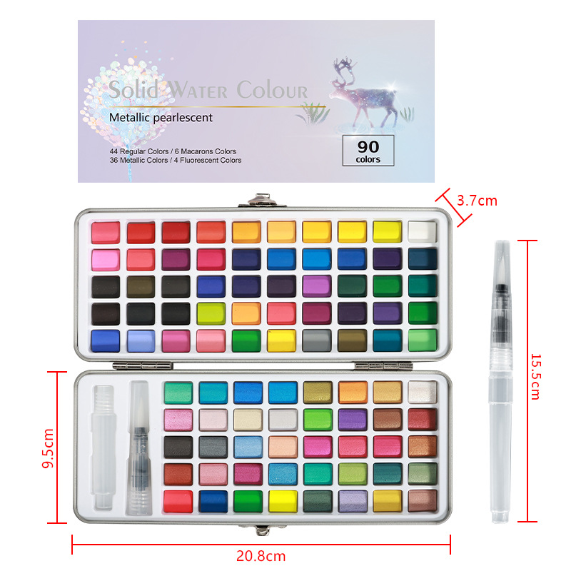 Transfronterizo 50 colores 72 colores 90 colores 100 colores sólido acuarela pintura traje de metal nacarado caja de hierro arte pintura