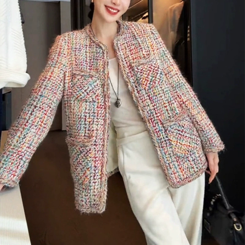 Длинная радужная куртка, жакет из ткани, плюс размер, стиль Chanel, средняя длина