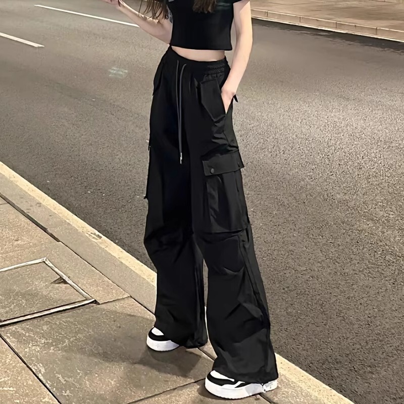175 Tall Extra Long Spring and Autumn Cargo Pants for Women, Extended American Style High-Waisted Drapey Loose Floor-Length Parachute Wide-Leg Pants