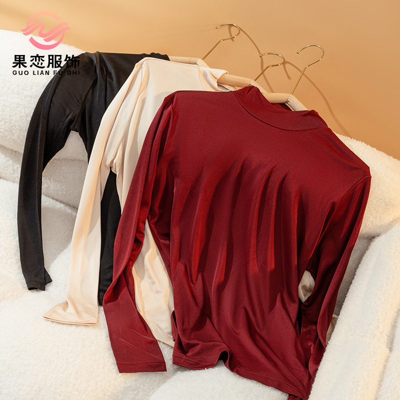 Guolian Silk 100 Mulberry Silk Warm and Skin-Friendly Women's T-Shirt White Factory Silk Windproof Half Turtle Collar Long Sleeve Top