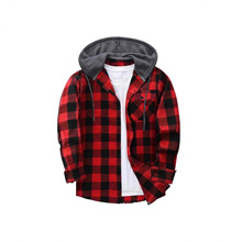 跨境连帽格子衬衫男2025外贸秋原宿风格子连帽衬衫男休闲长袖衬衣